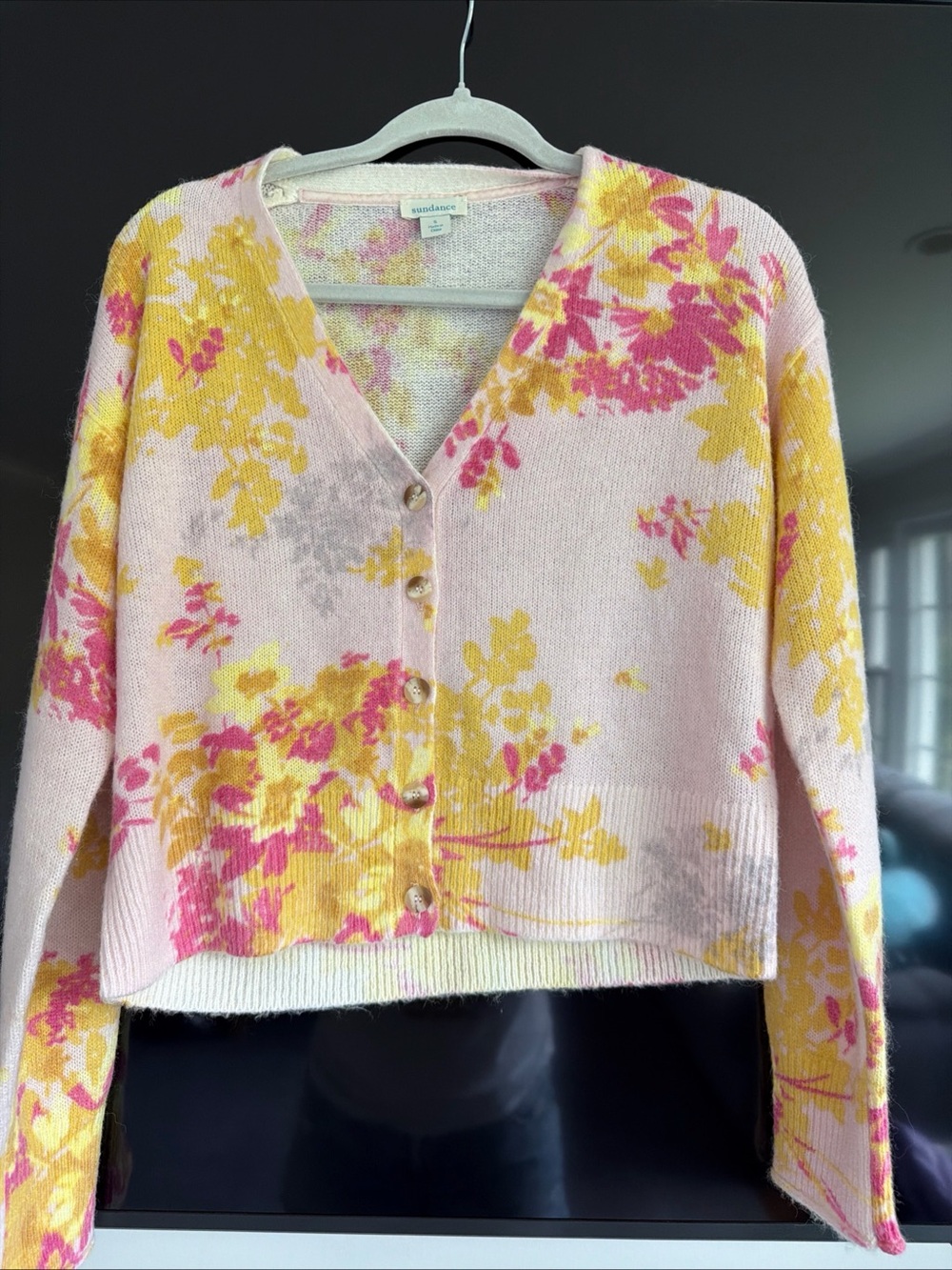 Sundance Pink Floral V-Neck Button Cardigan with Yellow Accents